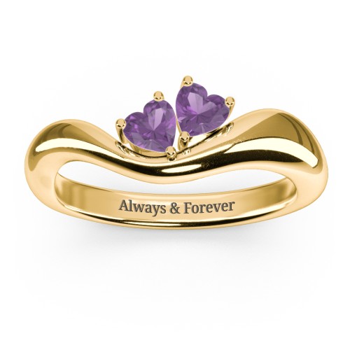 Tilted Double Heart Gemstone Ring with Curved Band – 18K Gold Plated Silver with Amethyst