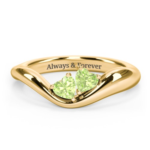 Tilted Double Heart Gemstone Ring with Curved Band – 18K Gold Plated Silver with Peridot