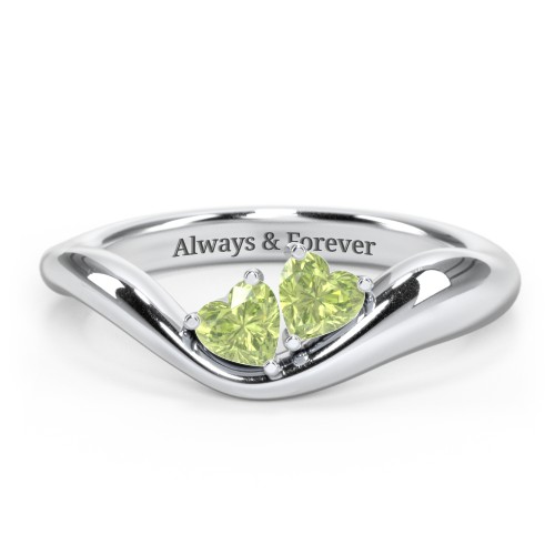 Tilted Double Heart Gemstone Ring with Curved Band