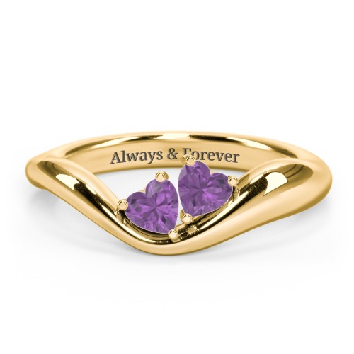 Tilted Double Heart Gemstone Ring with Curved Band – 18K Gold Plated Silver with Amethyst
