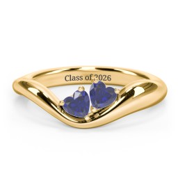 Tilted Double Heart Gemstone Ring with Curved Band in 18K Gold Plated Silver with Blue Sapphire