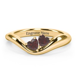 Tilted Double Heart Gemstone Ring with Curved Band in 18K Gold Plated Silver with Garnet