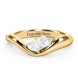 Tilted Double Heart Gemstone Ring with Curved Band in 18K Gold Plated Silver with Aquamarine