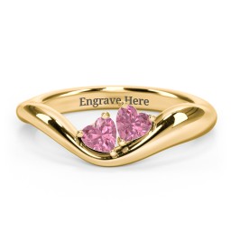 Tilted Double Heart Gemstone Ring with Curved Band in 18K Gold Plated Silver with Pink Tourmaline
