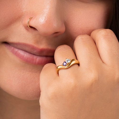 Tilted Double Heart Gemstone Ring with Curved Band – 18K Gold Plated Silver with Blue Sapphire