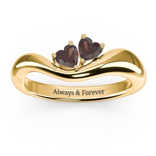 Tilted Double Heart Gemstone Ring with Curved Band – 18K Gold Plated Silver with Garnet