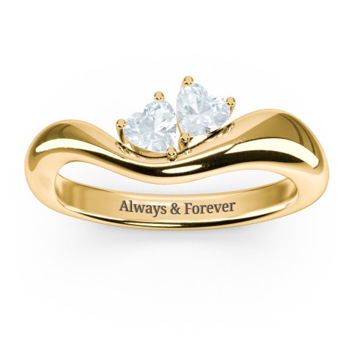 Tilted Double Heart Gemstone Ring with Curved Band – 18K Gold Plated Silver with Aquamarine