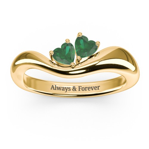 Tilted Double Heart Gemstone Ring with Curved Band – 18K Gold Plated Silver with Emerald