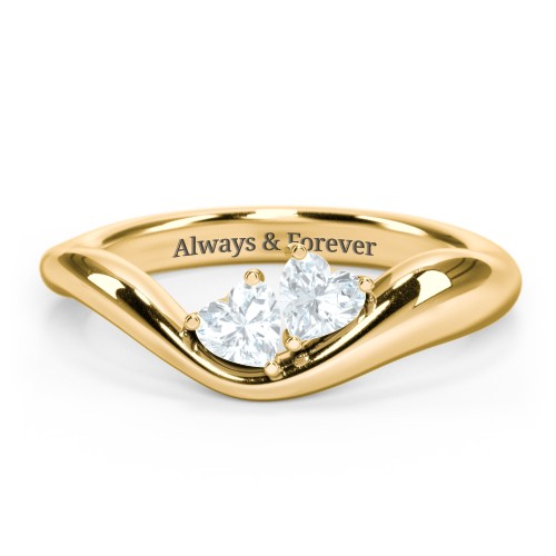 Tilted Double Heart Gemstone Ring with Curved Band – 18K Gold Plated Silver with Aquamarine