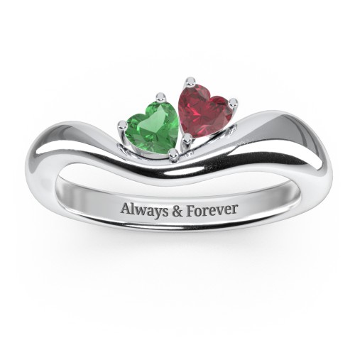 Tilted Double Heart Gemstone Ring with Curved Band – Sterling Silver with Emerald and Ruby