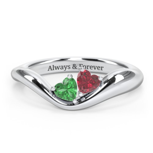 Tilted Double Heart Gemstone Ring with Curved Band – Sterling Silver with Emerald and Ruby