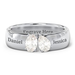 Toi et Moi Oval and Pear Gemstone Ring with Wide Band in 925 Sterling Silver with Cubic Zirconia