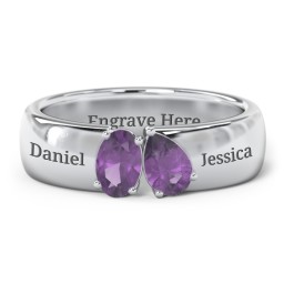 Toi et Moi Oval and Pear Gemstone Ring with Wide Band in 925 Sterling Silver with Amethyst