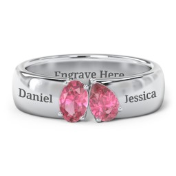 Toi et Moi Oval and Pear Gemstone Ring with Wide Band in 925 Sterling Silver with Pink Tourmaline