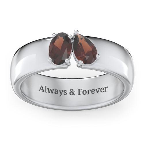 Toi et Moi Oval and Pear Gemstone Ring with Wide Band – Sterling Silver with Garnet