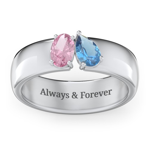Toi et Moi Oval and Pear Gemstone Ring with Wide Band – Sterling Silver with Pink Tourmaline and Blue Topaz