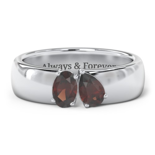 Toi et Moi Oval and Pear Gemstone Ring with Wide Band – Sterling Silver with Garnet