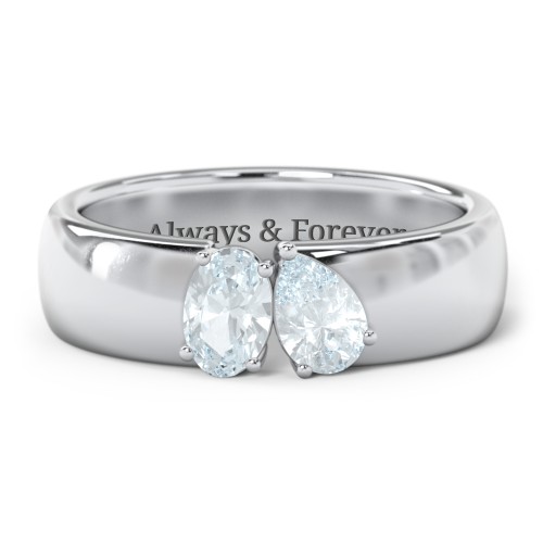 Toi et Moi Oval and Pear Gemstone Ring with Wide Band – Sterling Silver with Aquamarine