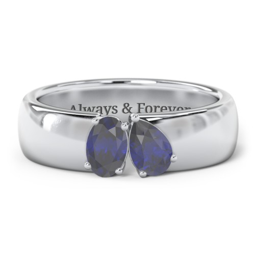 Toi et Moi Oval and Pear Gemstone Ring with Wide Band – Sterling Silver with Blue Sapphire