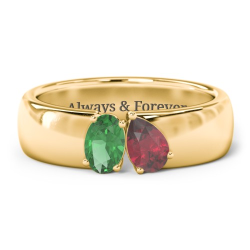 Toi et Moi Oval and Pear Gemstone Ring with Wide Band – 10K Yellow Gold with Emerald and Ruby