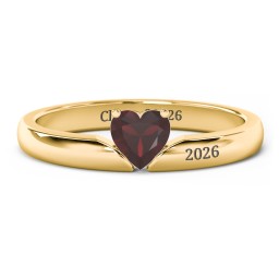 Solitaire Heart Gemstone Ring with Engravable Band in 18K Gold Plated Silver with Garnet