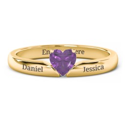 Solitaire Heart Gemstone Ring with Engravable Band in 18K Gold Plated Silver with Amethyst