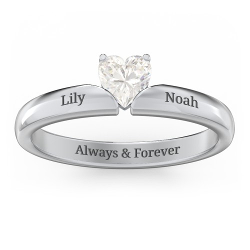 Solitaire Heart Gemstone Ring with Engravable Band – Sterling Silver with Cubic Zirconia