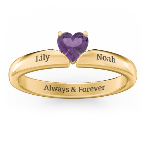 Solitaire Heart Gemstone Ring with Engravable Band – 18K Gold Plated Silver with Amethyst