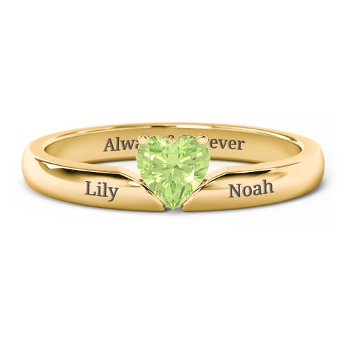 Solitaire Heart Gemstone Ring with Engravable Band – 18K Gold Plated Silver with Peridot