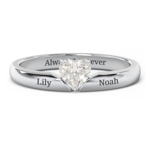 Solitaire Heart Gemstone Ring with Engravable Band – Sterling Silver with Cubic Zirconia