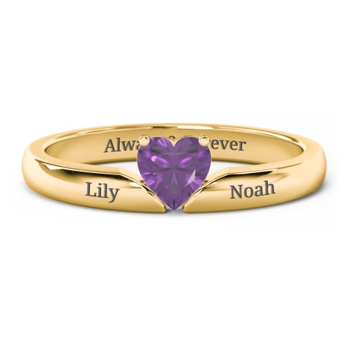 Solitaire Heart Gemstone Ring with Engravable Band – 18K Gold Plated Silver with Amethyst