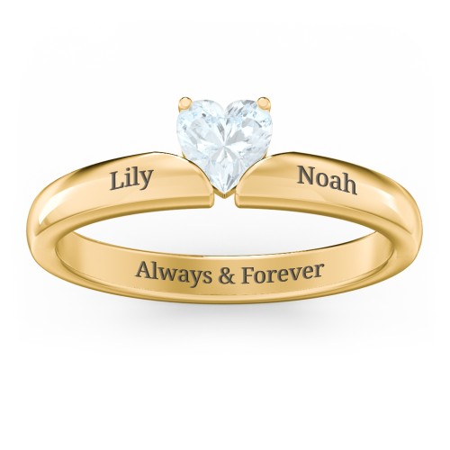 Solitaire Heart Gemstone Ring with Engravable Band – 18K Gold Plated Silver with Aquamarine