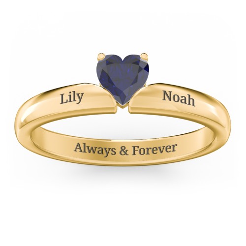 Solitaire Heart Gemstone Ring with Engravable Band – 18K Gold Plated Silver with Blue Sapphire