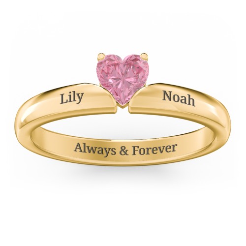 Solitaire Heart Gemstone Ring with Engravable Band – 18K Gold Plated Silver with Pink Tourmaline