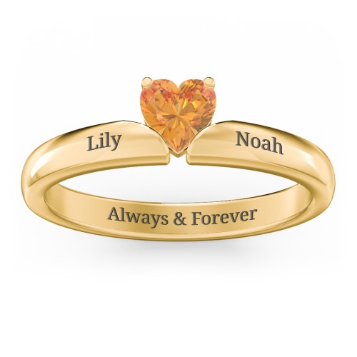 Solitaire Heart Gemstone Ring with Engravable Band – 18K Gold Plated Silver with Citrine