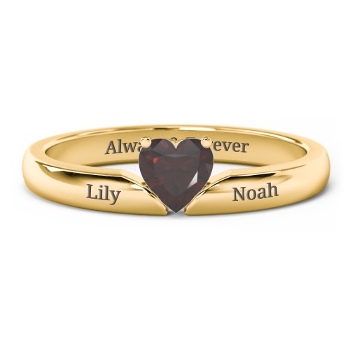 Solitaire Heart Gemstone Ring with Engravable Band – 18K Gold Plated Silver with Garnet