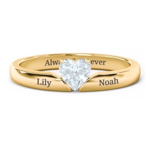 Solitaire Heart Gemstone Ring with Engravable Band – 18K Gold Plated Silver with Aquamarine