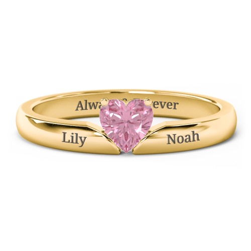 Solitaire Heart Gemstone Ring with Engravable Band – 18K Gold Plated Silver with Pink Tourmaline
