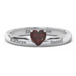 Solitaire Heart Gemstone Ring with Engravable Band in 925 Sterling Silver with Garnet