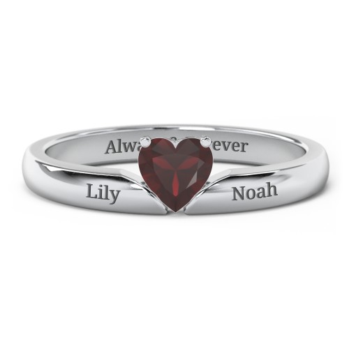 Solitaire Heart Gemstone Ring with Engravable Band – Sterling Silver with Garnet