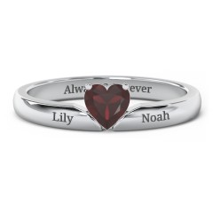 Solitaire Heart Gemstone Ring with Engravable Band – 10K White Gold with Garnet