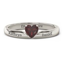 Solitaire Heart Gemstone Ring with Engravable Band in 10K Solid White Gold with Garnet