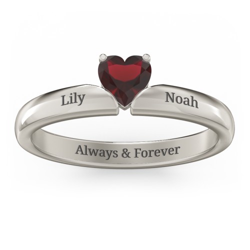 Solitaire Heart Gemstone Ring with Engravable Band – 10K White Gold with Garnet