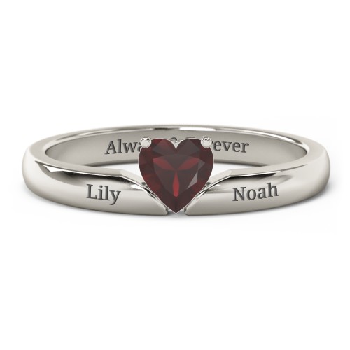 Solitaire Heart Gemstone Ring with Engravable Band – 10K White Gold with Garnet