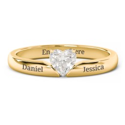 Solitaire Heart Gemstone Ring with Engravable Band in 10K Solid Yellow Gold with Cubic Zirconia