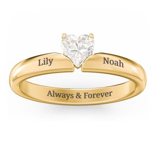 Solitaire Heart Gemstone Ring with Engravable Band – 10K Yellow Gold with Cubic Zirconia