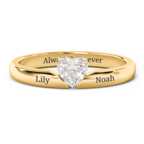 Solitaire Heart Gemstone Ring with Engravable Band – 10K Yellow Gold with Cubic Zirconia