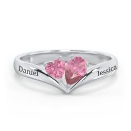 Toi et Moi Heart and Pear Gemstone Ring with V-Shape Band