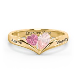 Toi et Moi Heart and Pear Gemstone Ring with V-Shape Band in 18K Gold Plated Silver with Pink Tourmaline and Morganite