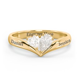 Toi et Moi Heart and Pear Gemstone Ring with V-Shape Band in 18K Gold Plated Silver with Cubic Zirconia
